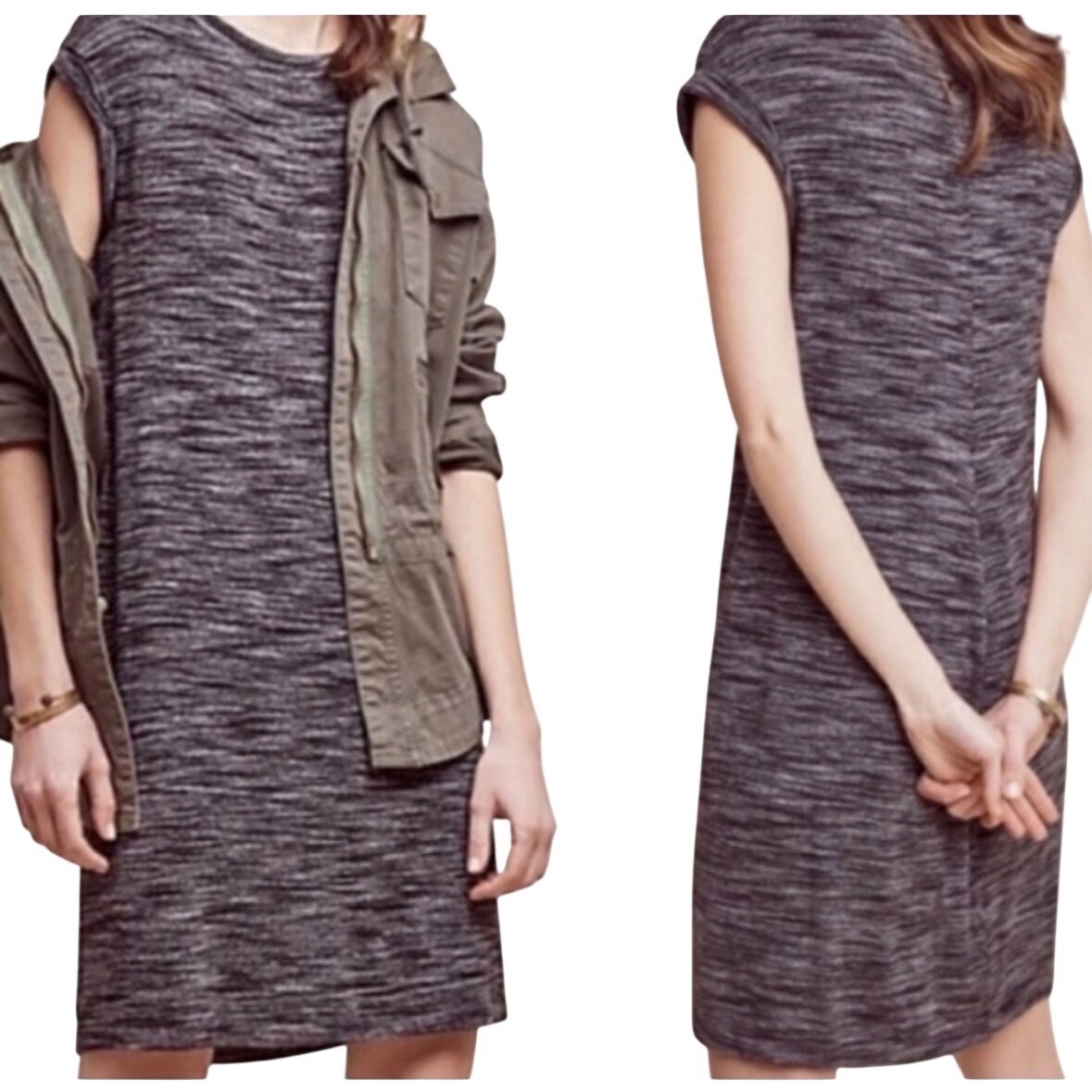 Cloth & Stone Anthropologie Space Dye Knit Shift Dress Gray Rolled Sleeve M New